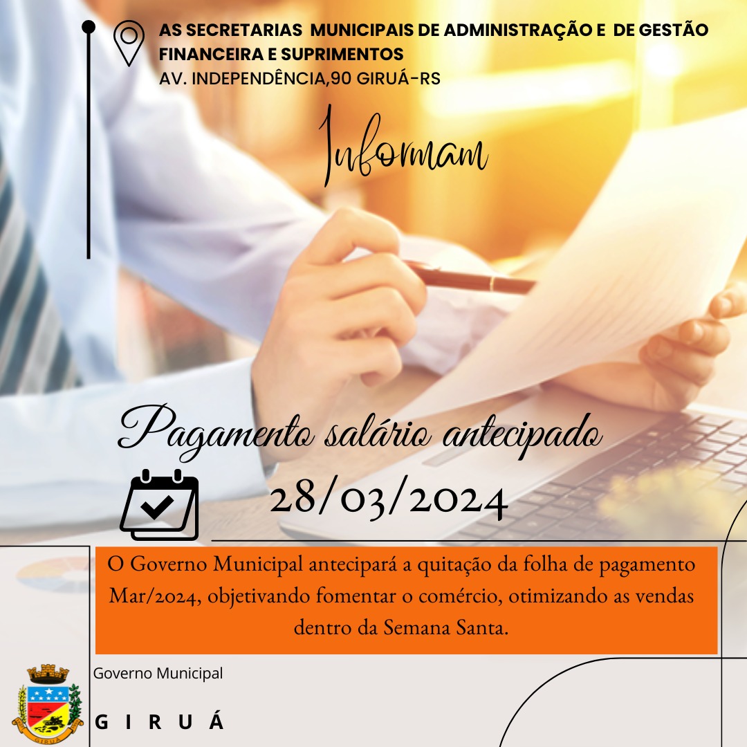 Governo Municipal antecipa folha de pagamento do mês da Páscoa