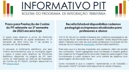 <p>Dispon&iacute;vel o Informativo PIT N&ordm; 21 referente ao m&ecirc;s de fevereiro de 2024</p>