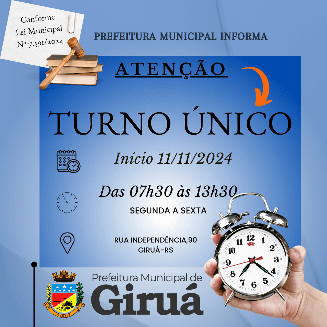 <p>Turno &uacute;nico no servi&ccedil;o p&uacute;blico municipal ser&aacute; adotado pela Prefeitura de Giru&aacute;</p>