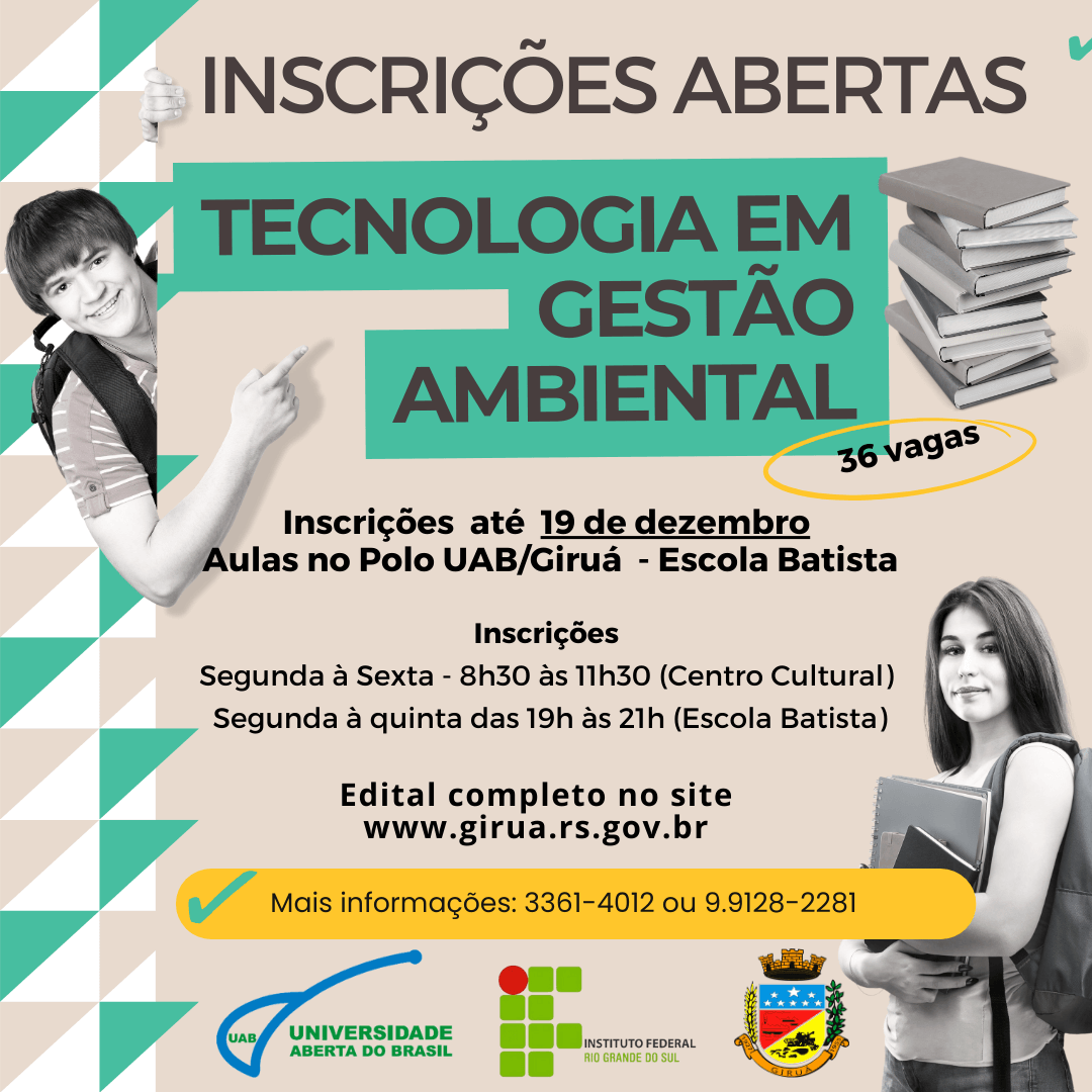 <p style="text-align: left;" align="center">Inscri&ccedil;&otilde;es abertas para o curso Tecnologia em Gest&atilde;o Ambiental</p>