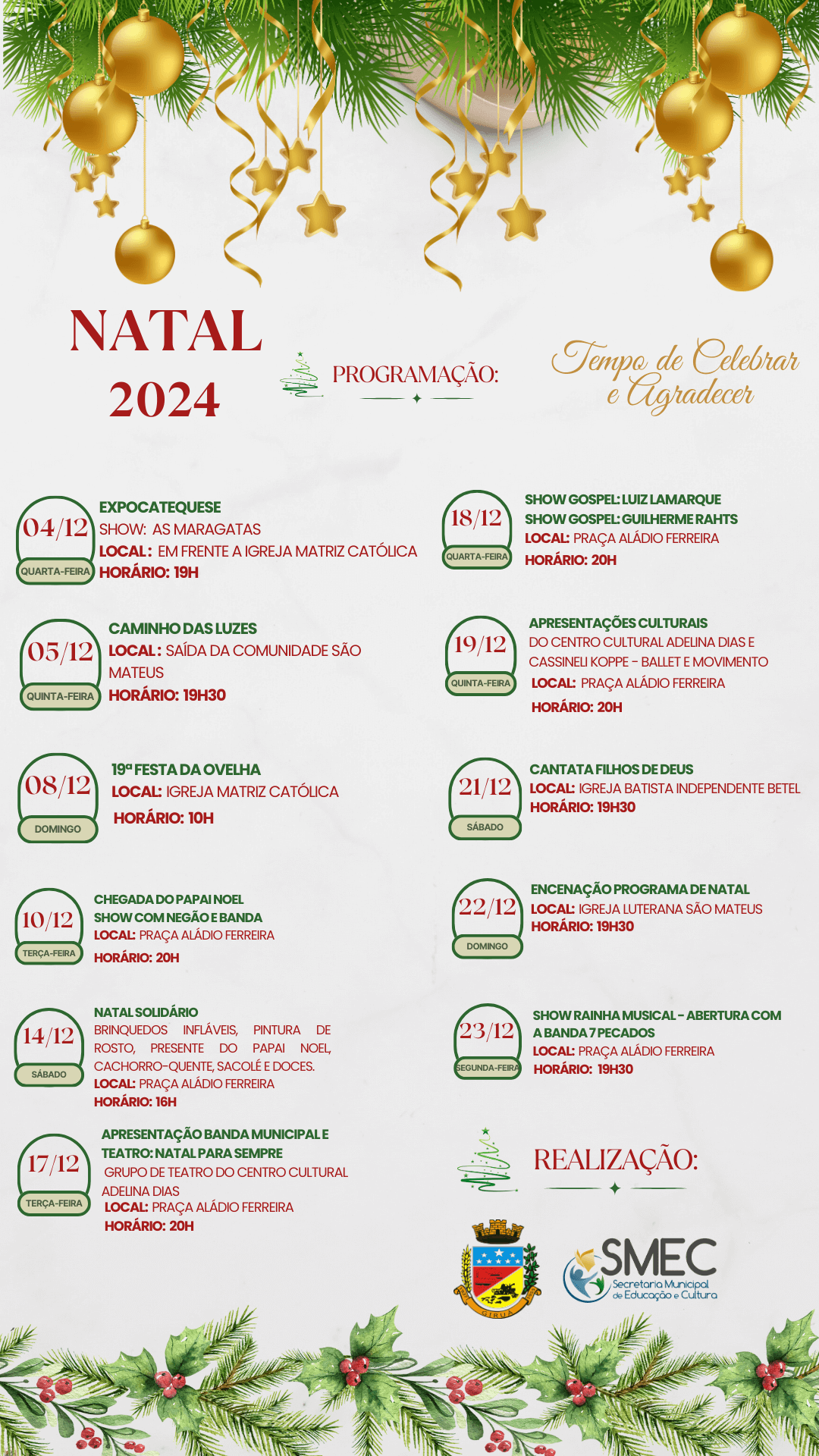 <p>𝗣𝗿𝗼𝗴𝗿𝗮𝗺𝗮&ccedil;&atilde;𝗼 𝗡𝗮𝘁𝗮𝗹 𝟮𝟬𝟮𝟰 - 𝗧𝗲𝗺𝗽𝗼 𝗱𝗲 𝗖𝗲𝗹𝗲𝗯𝗿𝗮𝗿 𝗲 𝗔𝗴𝗿𝗮𝗱𝗲𝗰𝗲𝗿</p>