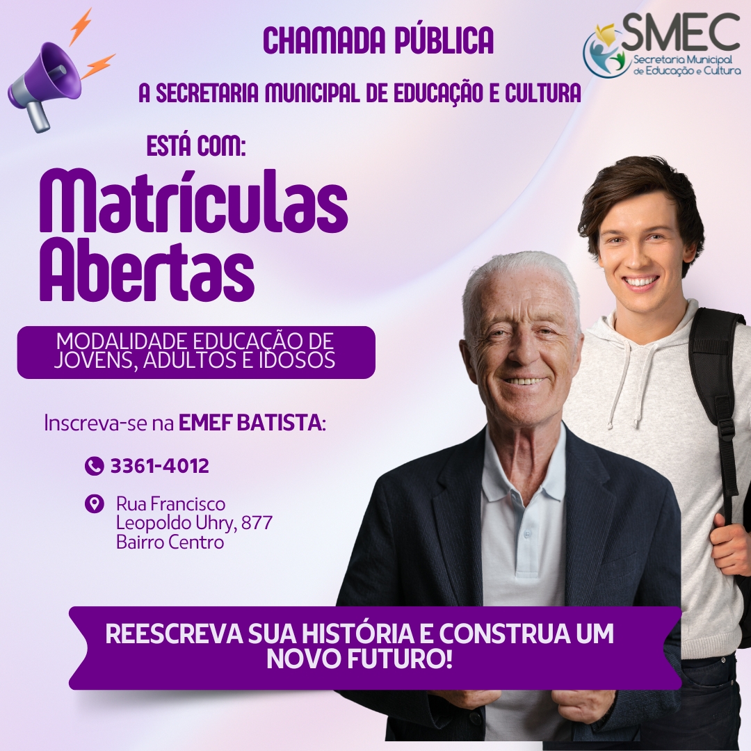 <p style="text-align: left;" align="center">Abertas matr&iacute;culas para modalidade Educa&ccedil;&atilde;o para jovens, adultos e idosos</p>