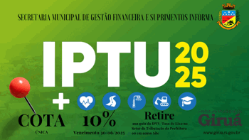 <p>IPTU 2025 com 10% de desconto em cota &uacute;nica at&eacute; 30 de junho</p>