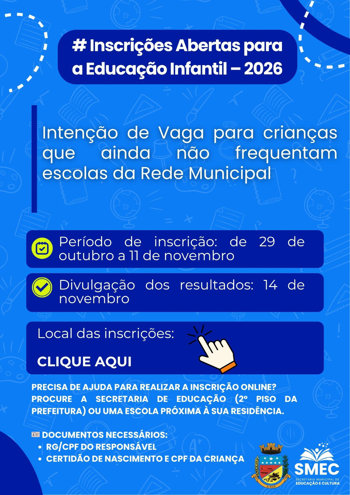 <p>Aberto per&iacute;odo de pr&eacute;-matriculas para Educa&ccedil;&atilde;o Infantil</p>