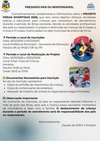 <p><span style="color: #000000;">Governo Municipal promove Projeto F&eacute;rias Divertidas 2026 com atividades l&uacute;dicas e atendimento especial durante o recesso escolar</span></p>