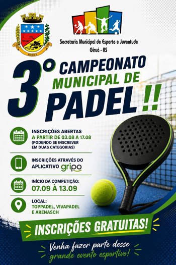 Governo Municipal promove a 3&ordf; edi&ccedil;&atilde;o do Campeonato Municipal de Padel com inscri&ccedil;&otilde;es gratuitas