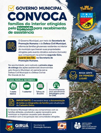 Governo Municipal convoca fam&iacute;lias do interior atingidas pelo tornado para recebimento de assist&ecirc;ncia