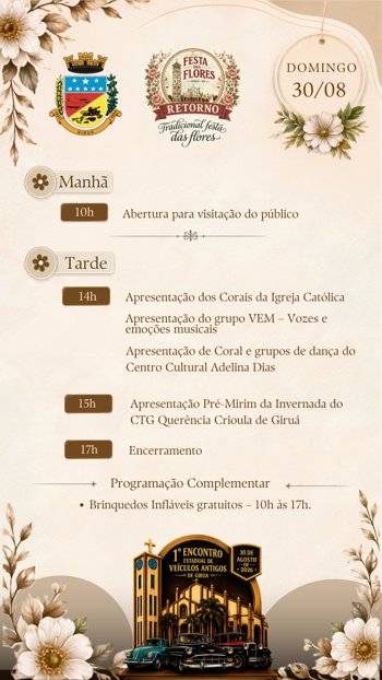 Festa das Flores 2026 re&uacute;ne programa&ccedil;&atilde;o cultural, art&iacute;stica e t&eacute;cnica em Giru&aacute;