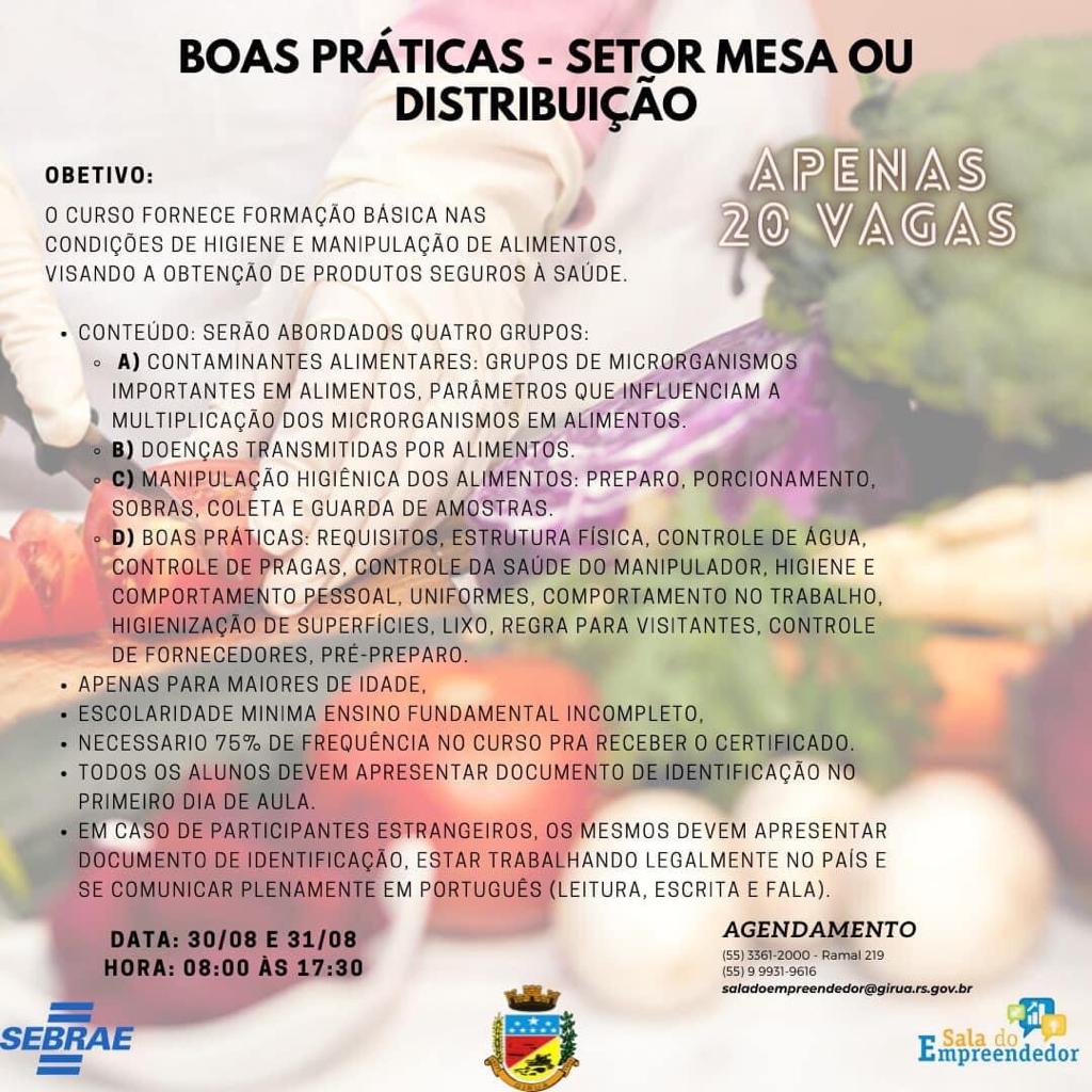 Inscrições  para curso voltado para setor alimentício estão em andamento no dia de hoje