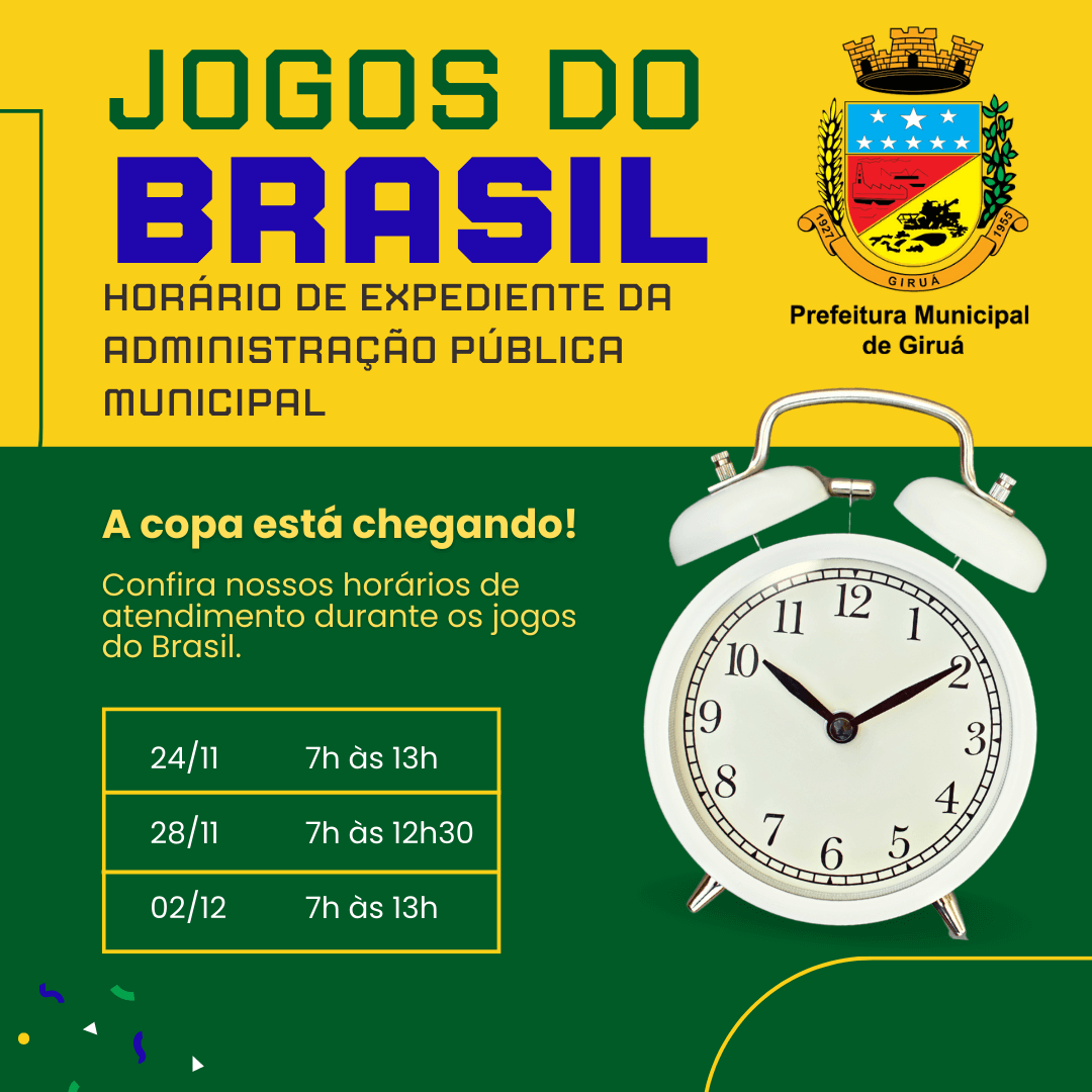 Administração Pública Municipal terá horário diferenciado de atendimento nos dias de jogos da Seleção Brasileira