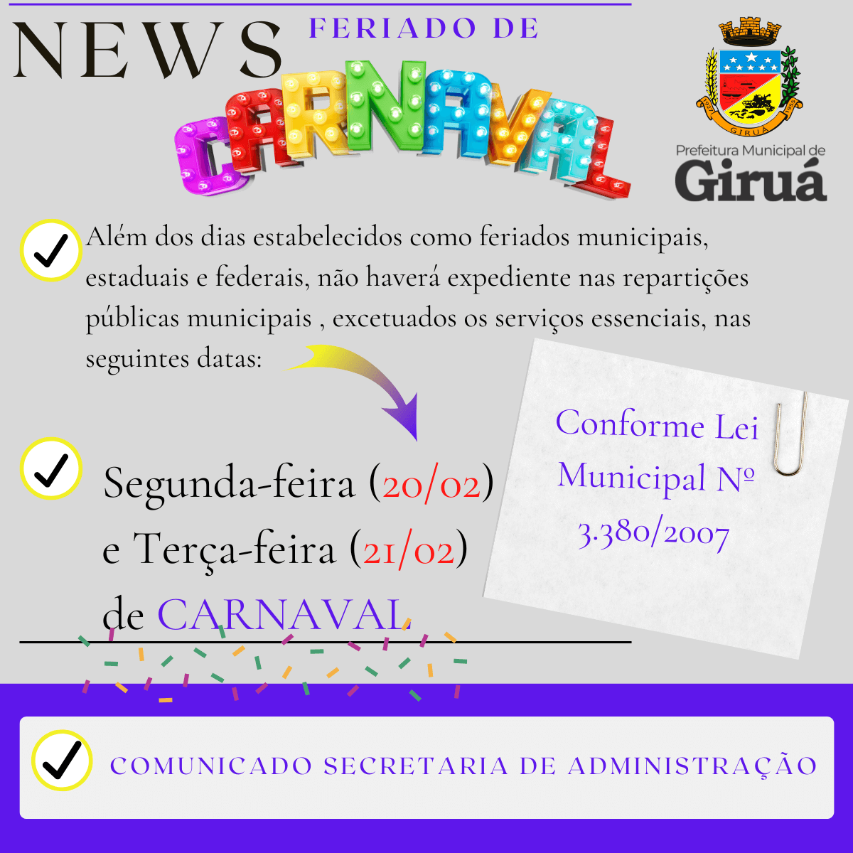 Giruá terá ponto facultativo no Carnaval