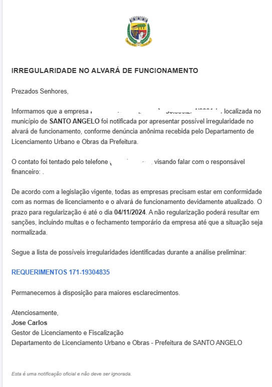 Prefeitura alerta para golpe de e-mail falso sobre irregularidade no alvará