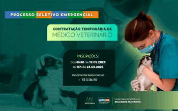 <p>Prefeitura abre processo seletivo emergencial para contrata&ccedil;&atilde;o tempor&aacute;ria de M&eacute;dico Veterin&aacute;rio</p>