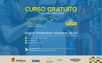 <p>Curso gratuito de Instalador Hidr&aacute;ulico tem nova data de in&iacute;cio; vagas seguem abertas</p>