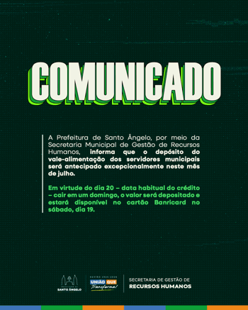 <p>COMUNICADO REFERENTE AO VALE-ALIMENTA&Ccedil;&Atilde;O DOS SERVIDORES MUNICIPAIS</p>