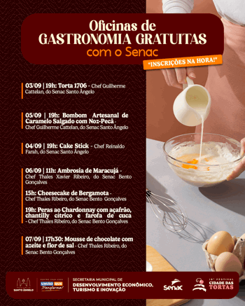 <p>Festival Cidade das Tortas ter&aacute; oficinas gratuitas de gastronomia com chefs do Senac</p>