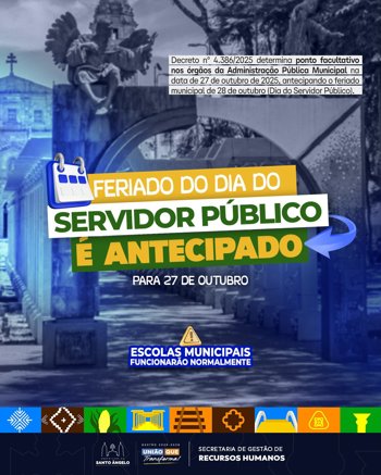 <p>Prefeitura ter&aacute; ponto facultativo na pr&oacute;xima segunda-feira (27) em raz&atilde;o do Dia do Servidor P&uacute;blico</p>