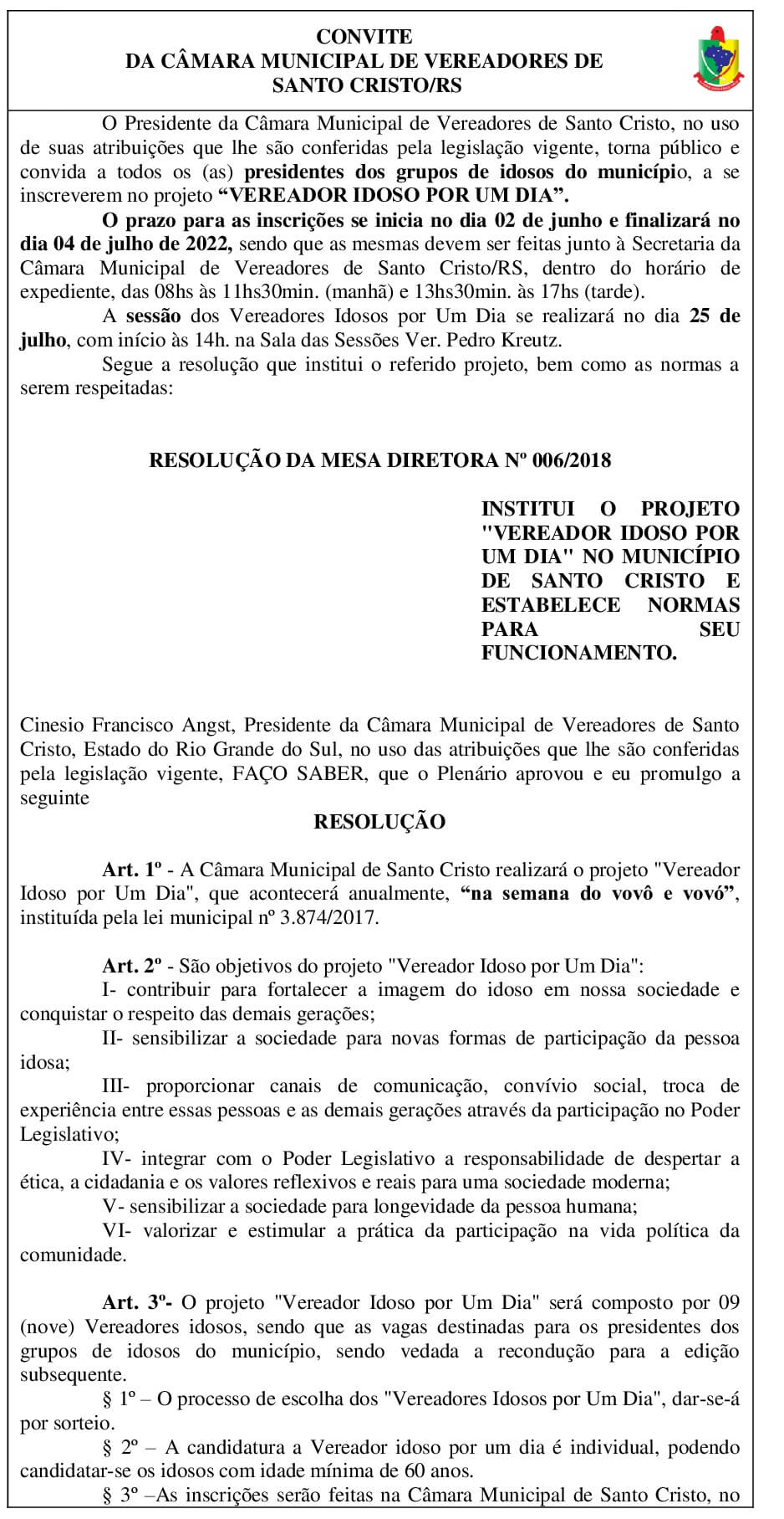 Projeto "Vereador Idoso por um Dia"