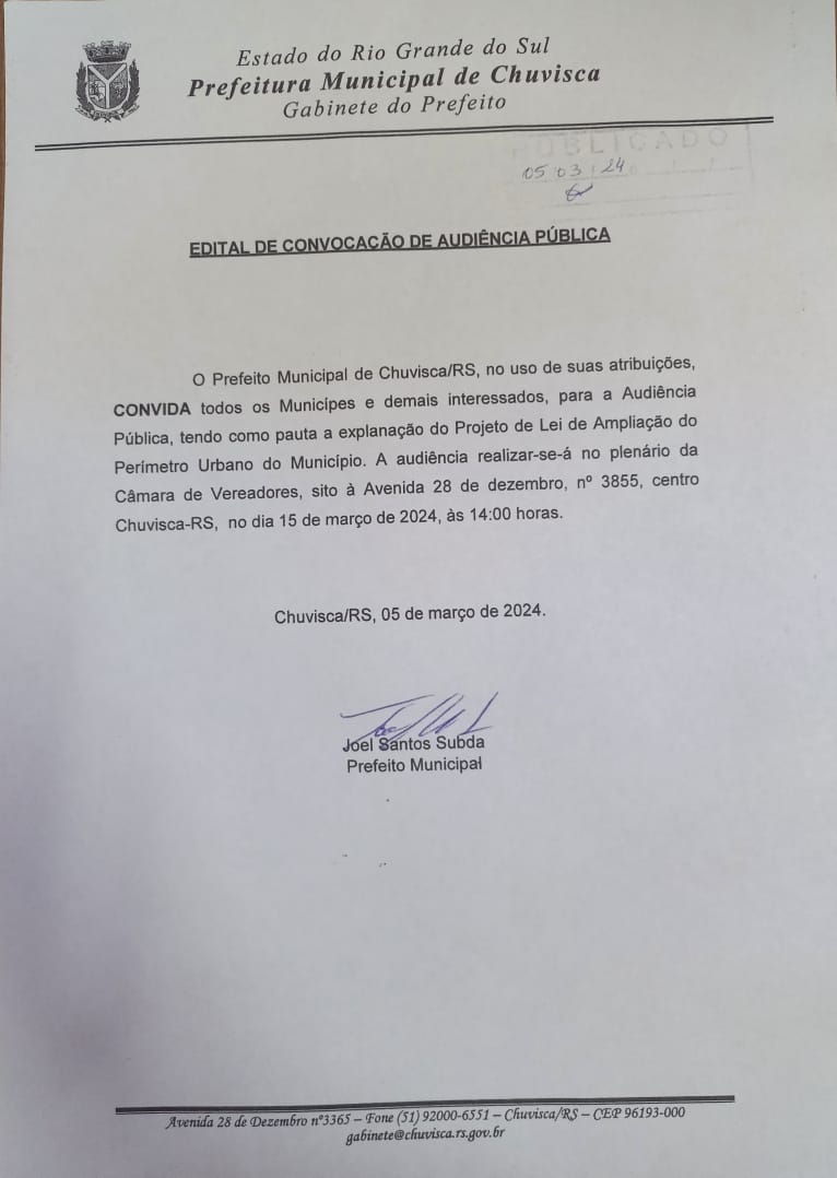 EDITAL DE CONVOÇÃO DE AUDIÊNCIA PÚBLICA SOBRE AMPLIAÇÃO DO PERIMETRO URBANO.