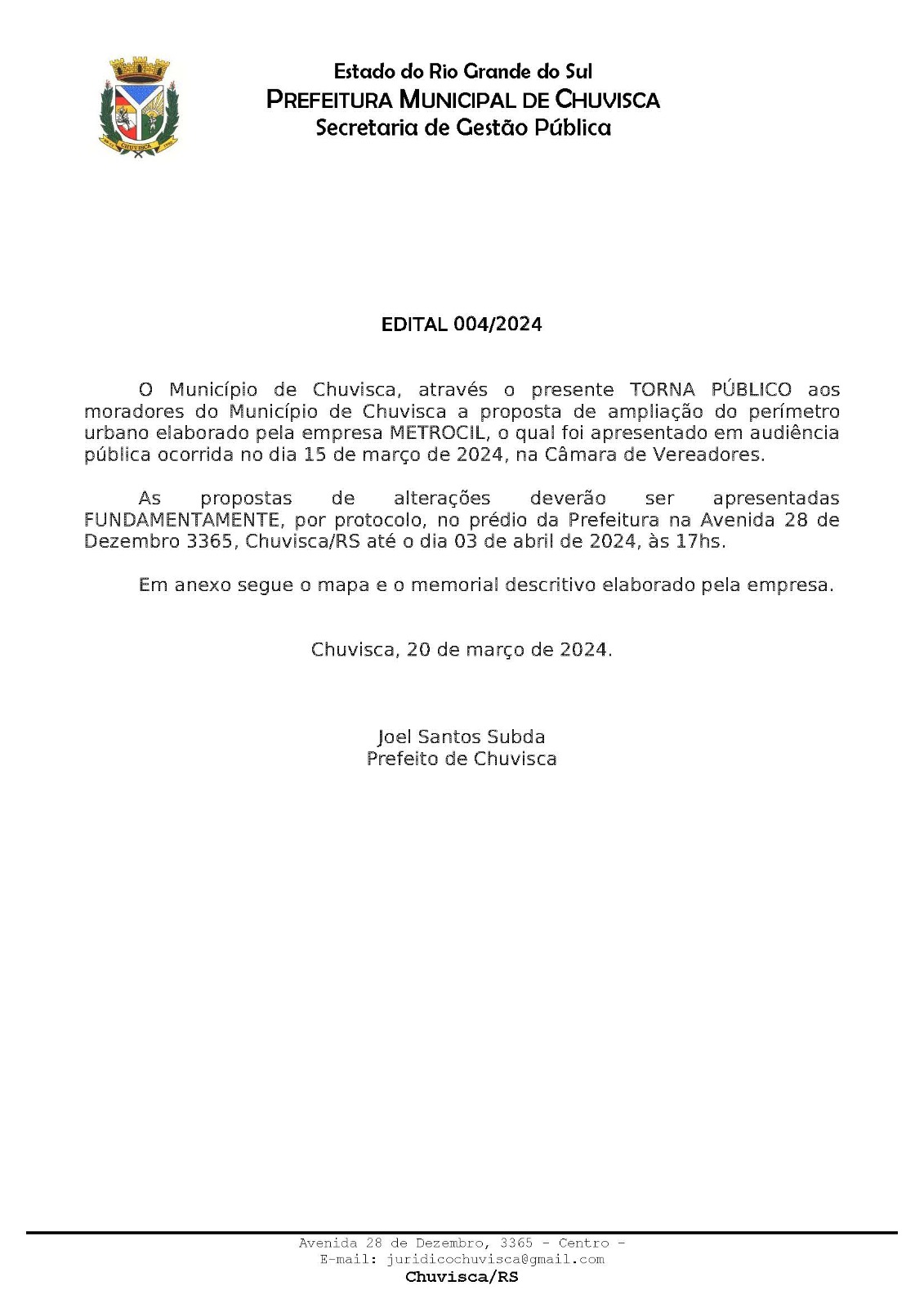 EDITAL 004/2024 - PROPOSTA DE AMPLIAÇÃO DO PERÍMETRO URBANO