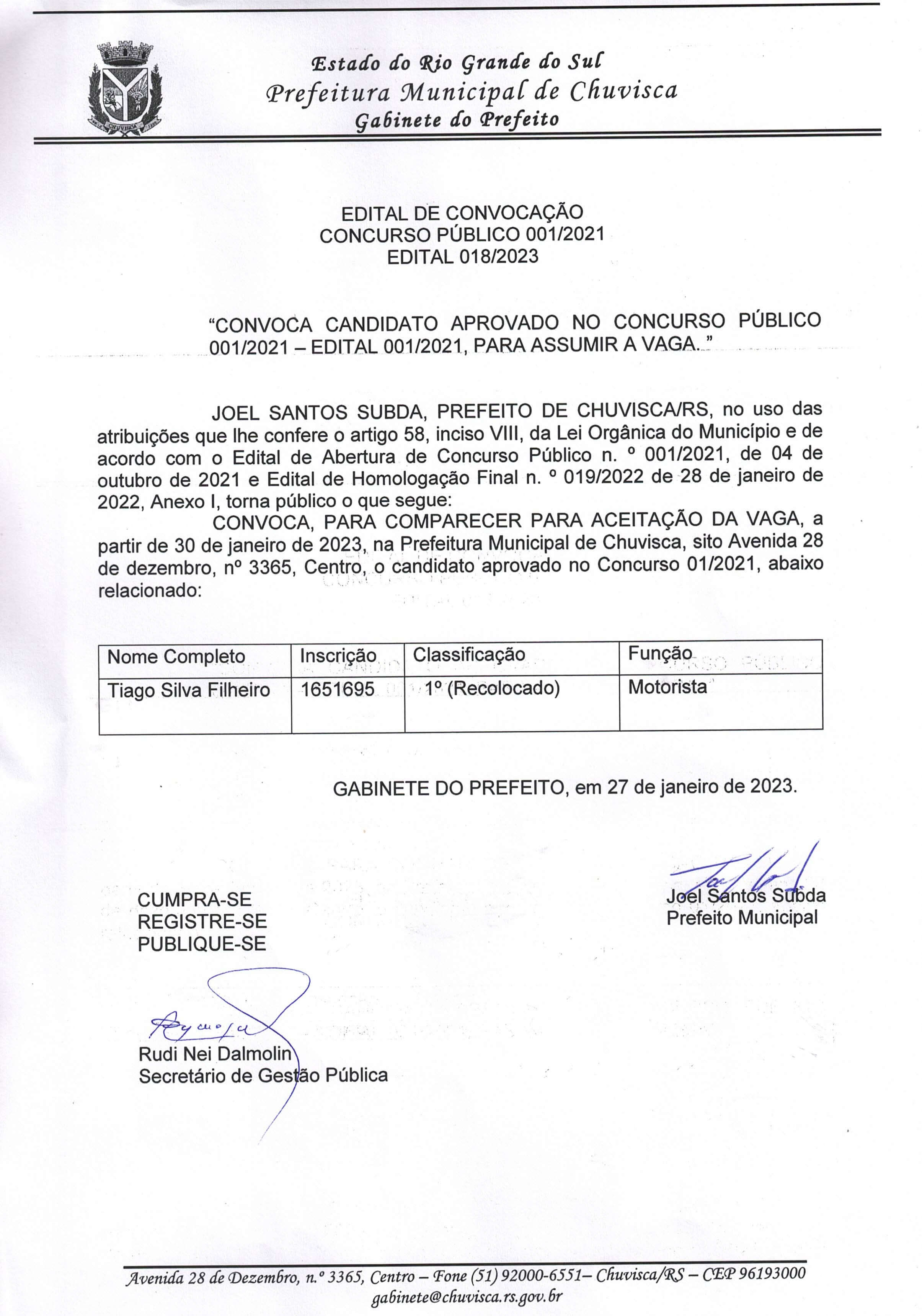 CONVOCAÇÃO CONCURSO PÚBLICO 001/2021