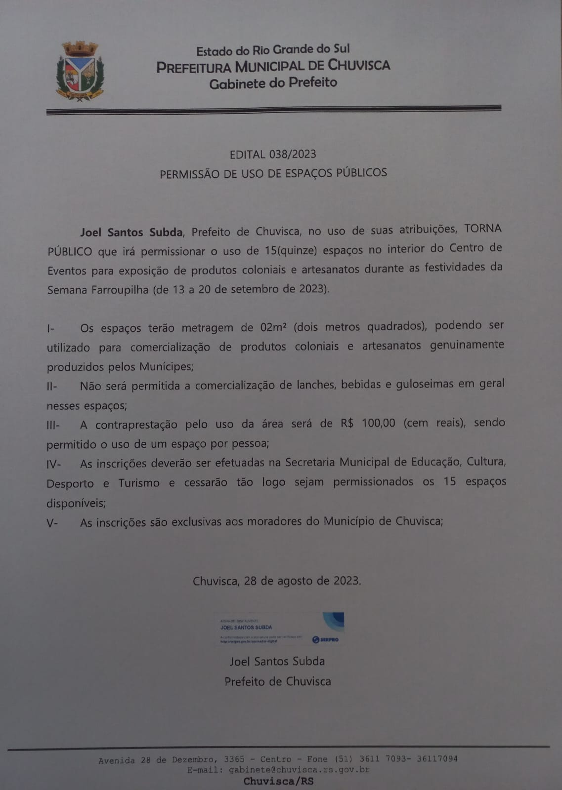 EDITAL 038/2023 - PERMISSÃO DE USO DE ESPAÇOS PÚBLICOS
