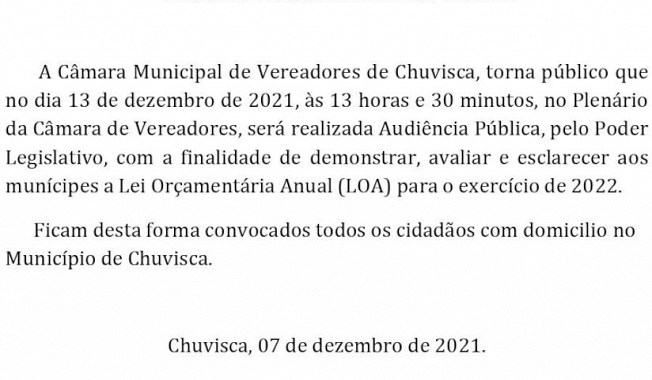 Convite para Audiência Pública Projeto de Lei nº 073/2021 - Lei Orçamentária Anual (LOA) 2022