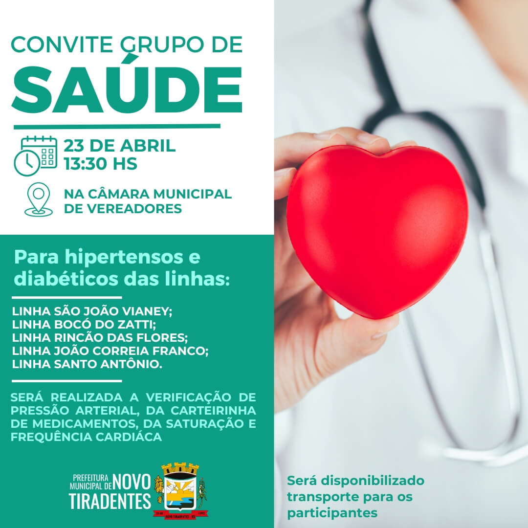 <p><span style="font-family: verdana, geneva, sans-serif; font-size: 14pt;"><strong>ENCONTRO DO GRUPO DE SA&Uacute;DE PARA HIPERTENSOS E DIAB&Eacute;TICOS NO DIA 23 DE ABRIL</strong></span></p>