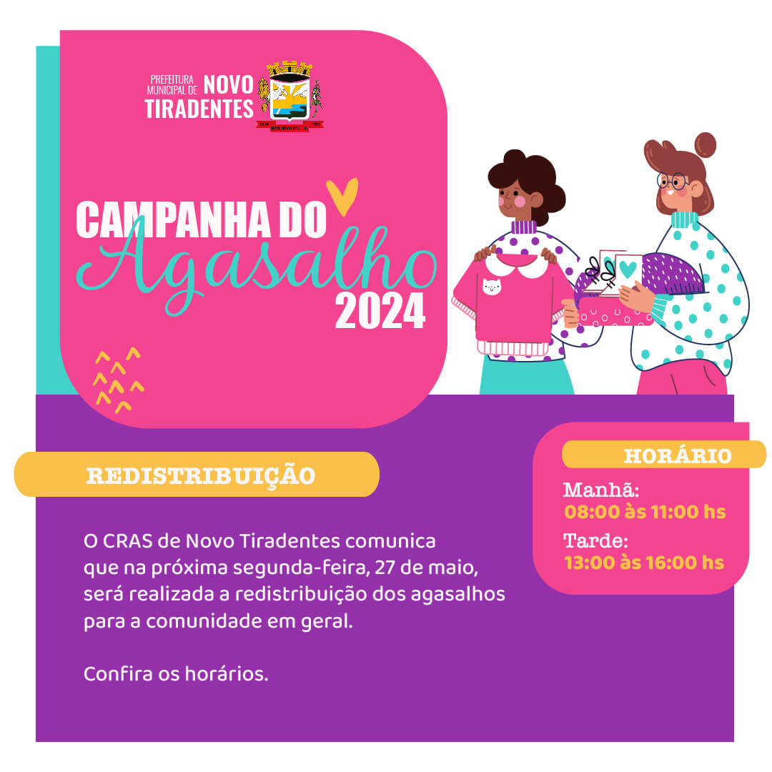 <p><span style="font-size: 12pt; font-family: verdana, geneva, sans-serif;"><strong>REDISTRIBUI&Ccedil;&Atilde;O DA CAMPANHA DO AGASALHO ACONTECER&Aacute; NA SEGUNDA-FEIRA 27 EM NOVO TIRADENTES</strong></span></p>
