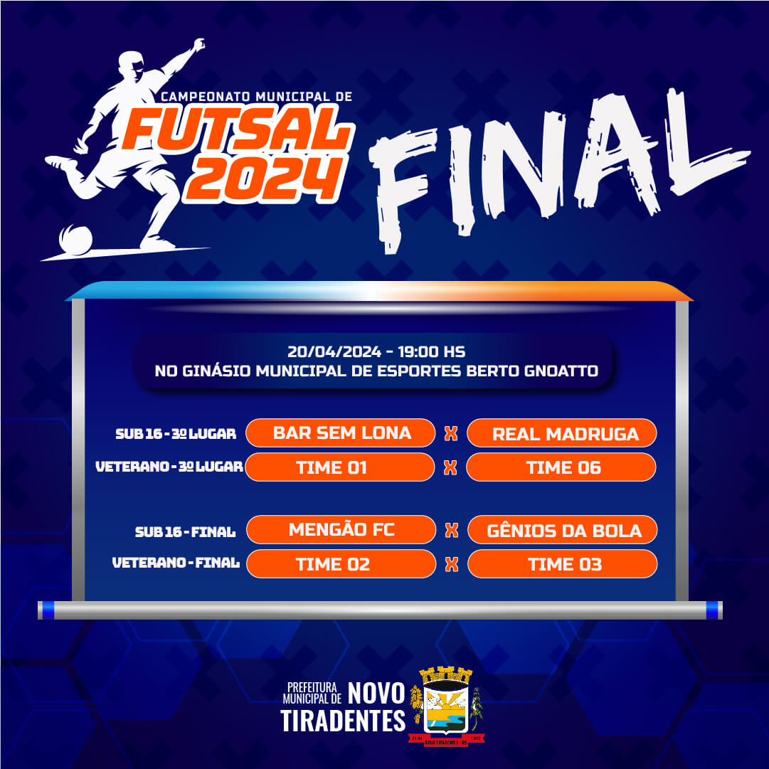 <p><strong><span style="font-family: verdana, geneva, sans-serif; font-size: 14pt;">S&Aacute;BADO ACONTECER&Aacute; A FINAL DO CAMPEONATO MUNICIPAL DE FUTSAL CATEGORIAS VETERANO E SUB 16</span></strong></p>