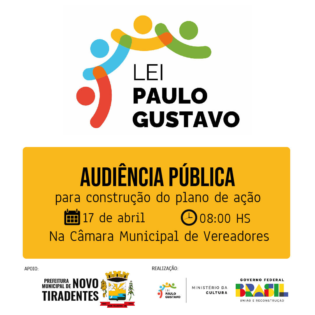 <p><span style="font-family: verdana, geneva, sans-serif;"><strong><span style="font-size: 14pt;">NOVO TIRADENTES REALIZAR&Aacute; AUDI&Ecirc;NCIA P&Uacute;BLICA &ndash; LEI PAULO GUSTAVO</span></strong></span></p>