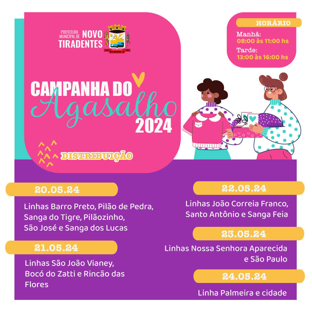 <p><strong><span style="font-family: verdana, geneva, sans-serif; font-size: 12pt;">CAMPANHA DO AGASALHO 2024: DISTRIBUI&Ccedil;&Atilde;O ACONTECER&Aacute; A PARTIR DO DIA 20 DE MAIO</span></strong></p>