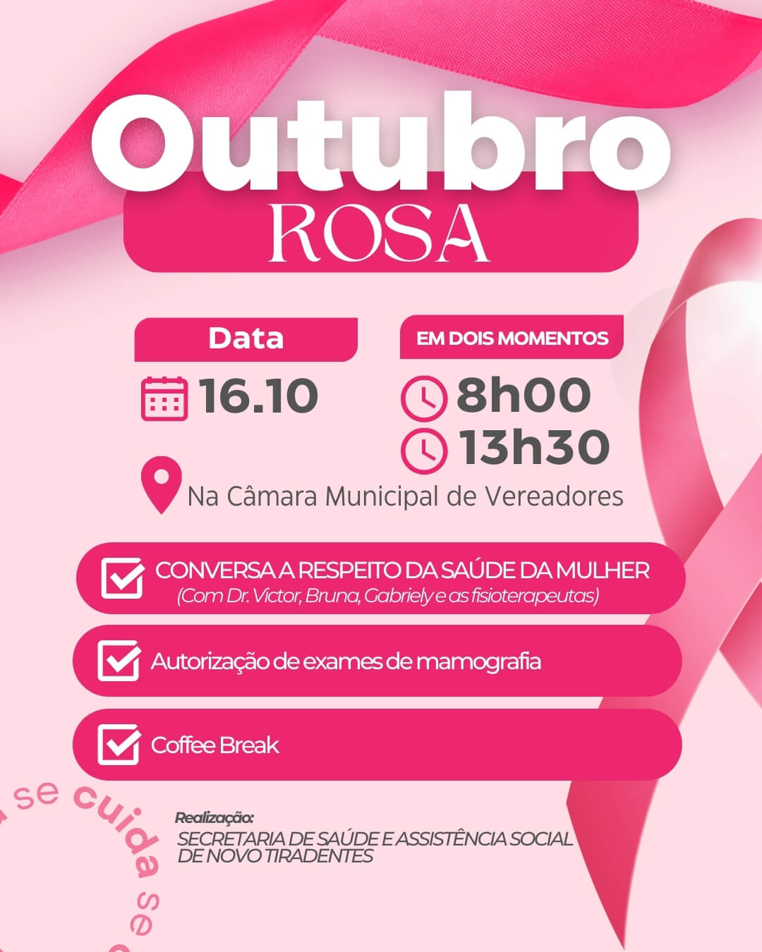 <p><strong><span style="font-family: verdana, geneva, sans-serif; font-size: 12pt;">OUTUBRO ROSA: SECRETARIA DE SA&Uacute;DE DE NOVO TIRADENTES PROMOVE EVENTO EM PROL DA SA&Uacute;DE DA MULHER</span></strong></p>