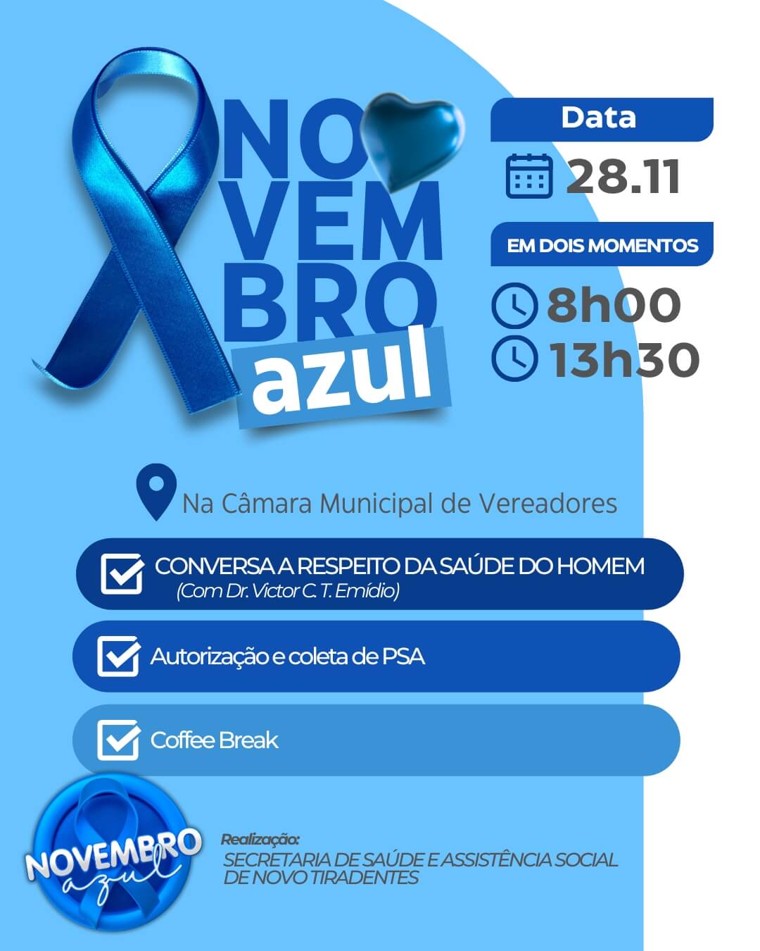 <p><strong><span style="font-family: verdana, geneva, sans-serif; font-size: 12pt;">NOVO TIRADENTES PROMOVE EVENTO NOVEMBRO AZUL COM FOCO NA SA&Uacute;DE DO HOMEM</span></strong></p>