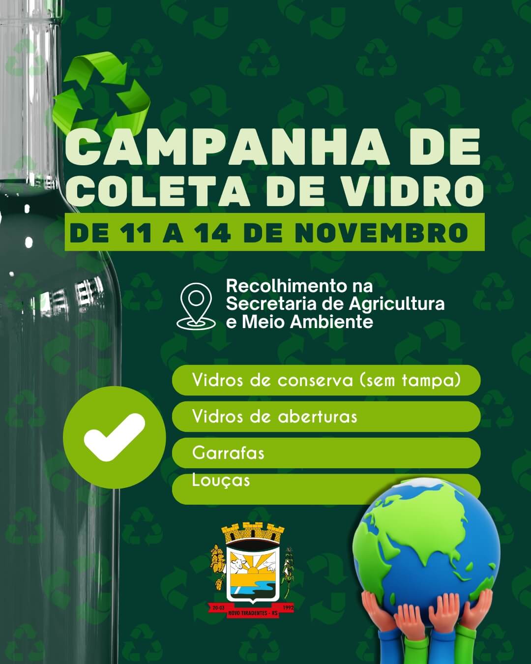 <p><strong><span style="font-family: verdana, geneva, sans-serif; font-size: 12pt;">NOVO TIRADENTES PROMOVE CAMPANHA DE COLETA DE VIDRO DE 11 A 14 DE NOVEMBRO</span></strong></p>