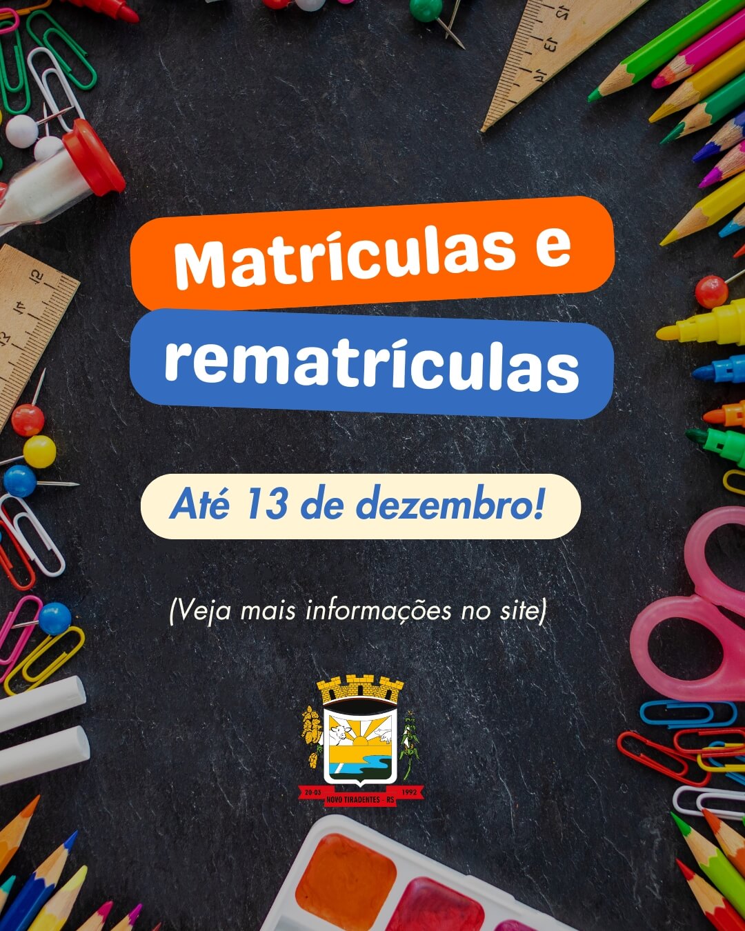 <p><strong><span style="font-family: verdana, geneva, sans-serif; font-size: 12pt;">MATR&Iacute;CULAS E REMATR&Iacute;CULAS DA REDE MUNICIPAL DE ENSINO DE NOVO TIRADENTES EST&Atilde;O ABERTAS AT&Eacute; 13 DE DEZEMBRO</span></strong></p>
