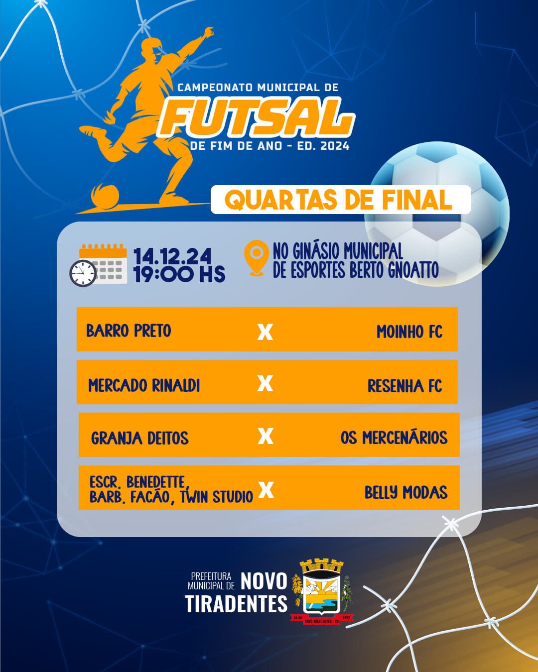 <p><strong><span style="font-family: verdana, geneva, sans-serif; font-size: 12pt;">QUARTAS DE FINAL DO CAMPEONATO MUNICIPAL DE FUTSAL DE NOVO TIRADENTES PROMETEM FORTES EMO&Ccedil;&Otilde;ES NESTE S&Aacute;BADO</span></strong></p>