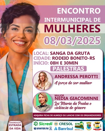 <p><strong><span style="font-family: verdana, geneva, sans-serif; font-size: 12pt;">ENCONTRO INTERMUNICIPAL DE MULHERES SER&Aacute; REALIZADO EM RODEIO BONITO-RS NO DIA INTERNACIONAL DA MULHER</span></strong></p>