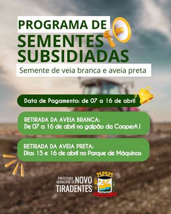 <p><strong><span style="font-size: 12pt; font-family: verdana, geneva, sans-serif;">PROGRAMA DE SEMENTES SUBSIDIADAS &ndash; ENTREGA DAS SEMENTES INICIA EM ABRIL</span></strong></p>