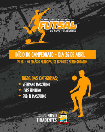 <p><strong><span style="font-family: verdana, geneva, sans-serif; font-size: 12pt;">CAMPEONATO MUNICIPAL DE FUTSAL COME&Ccedil;A DIA 26 DE ABRIL EM NOVO TIRADENTES</span></strong></p>