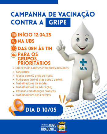 <p><strong><span style="font-family: verdana, geneva, sans-serif; font-size: 12pt;">CAMPANHA DE VACINA&Ccedil;&Atilde;O CONTRA INFLUENZA COME&Ccedil;A NESTE S&Aacute;BADO EM NOVO TIRADENTES</span></strong></p>