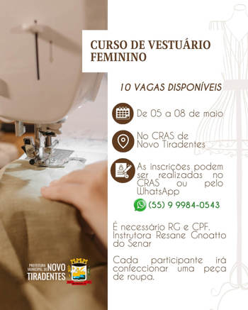 <p><strong><span style="font-family: verdana, geneva, sans-serif; font-size: 12pt;">CURSO DE VESTU&Aacute;RIO FEMININO &Eacute; OFERTADO PELO CRAS DE NOVO TIRADENTES</span></strong></p>