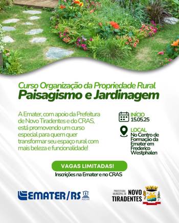 <p><span style="font-family: verdana, geneva, sans-serif; font-size: 12pt;"><strong>CURSO DE PAISAGISMO E JARDINAGEM PARA PROPRIEDADES RURAIS SER&Aacute; PROMOVIDO COM APOIO DA PREFEITURA DE NOVO TIRADENTES</strong></span></p>