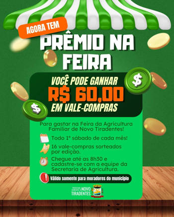 <p><span style="font-family: verdana, geneva, sans-serif; font-size: 12pt;"><strong>VALE-FEIRA &Eacute; INSTITU&Iacute;DO EM NOVO TIRADENTES PARA INCENTIVO A PARTICIPA&Ccedil;&Atilde;O DA FEIRA DA AGRICULTURA FAMILIAR E ARTESANATO</strong></span></p>