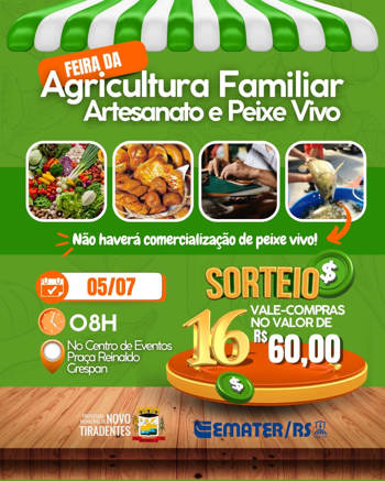 <p><span style="font-family: verdana, geneva, sans-serif;"><strong>FEIRA DA AGRICULTURA FAMILIAR E ARTESANATO ACONTECE NESTE S&Aacute;BADO, 05 DE JULHO, COM SORTEIO DE VALE-COMPRAS</strong></span></p>
