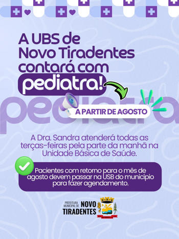 <p><span style="font-family: verdana, geneva, sans-serif; font-size: 12pt;"><strong>UBS DE NOVO TIRADENTES CONTAR&Aacute; COM ATENDIMENTO PEDI&Aacute;TRICO A PARTIR DE AGOSTO</strong></span></p>