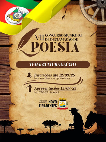 <p><span style="font-family: verdana, geneva, sans-serif; font-size: 12pt;"><strong>VEM A&Iacute; O VII CONCURSO MUNICIPAL DE DECLAMA&Ccedil;&Atilde;O DE POESIA QUE VALORIZA A CULTURA GA&Uacute;CHA EM NOVO TIRADENTES</strong></span></p>