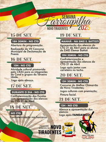 <p><span style="font-family: verdana, geneva, sans-serif; font-size: 12pt;"><strong>SEMANA FARROUPILHA 2025 DE NOVO TIRADENTES CELEBRA A CULTURA GA&Uacute;CHA COM INTENSA PROGRAMA&Ccedil;&Atilde;O DE 15 A 21 DE SETEMBRO</strong></span></p>