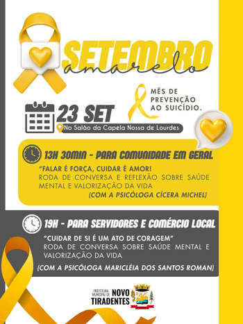 <p><span style="font-size: 12pt;"><strong>NOVO TIRADENTES REFOR&Ccedil;A A&Ccedil;&Otilde;ES DE CONSCIENTIZA&Ccedil;&Atilde;O SOBRE SA&Uacute;DE MENTAL E PREVEN&Ccedil;&Atilde;O AO SUIC&Iacute;DIO NO SETEMBRO AMARELO</strong></span></p>