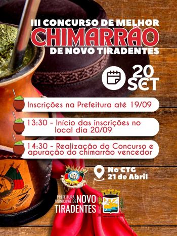 <p><span style="font-family: verdana, geneva, sans-serif; font-size: 12pt;"><strong>INSCRI&Ccedil;&Otilde;ES ABERTAS PARA O III CONCURSO DE MELHOR CHIMARR&Atilde;O DE NOVO TIRADENTES</strong></span></p>
